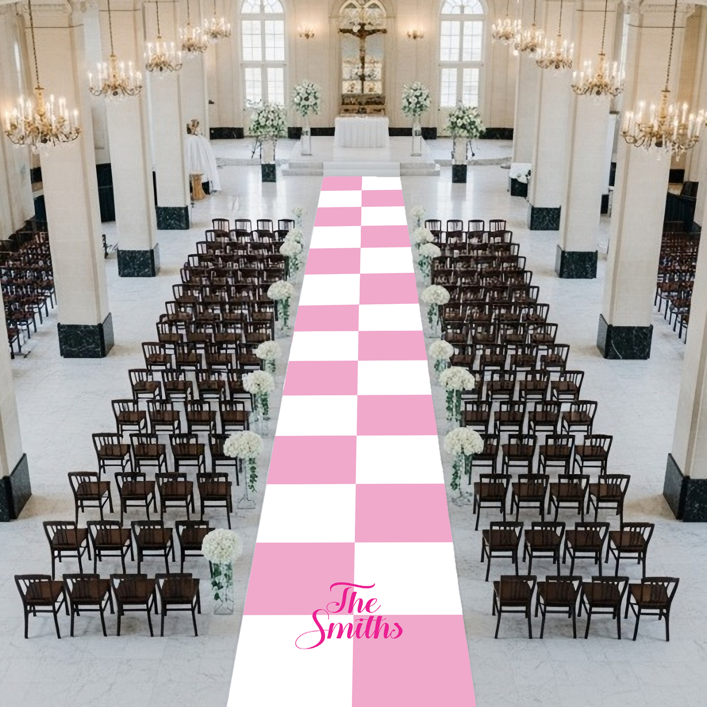 Pink & White Checkerboard with Monogram Aisle Runner