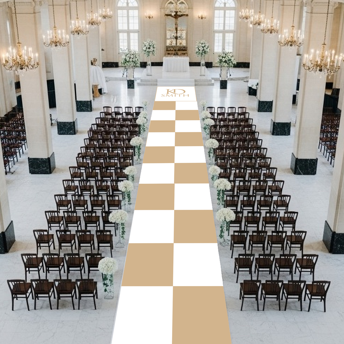 Tan and White Checkerboard with Monogram Aisle Runner