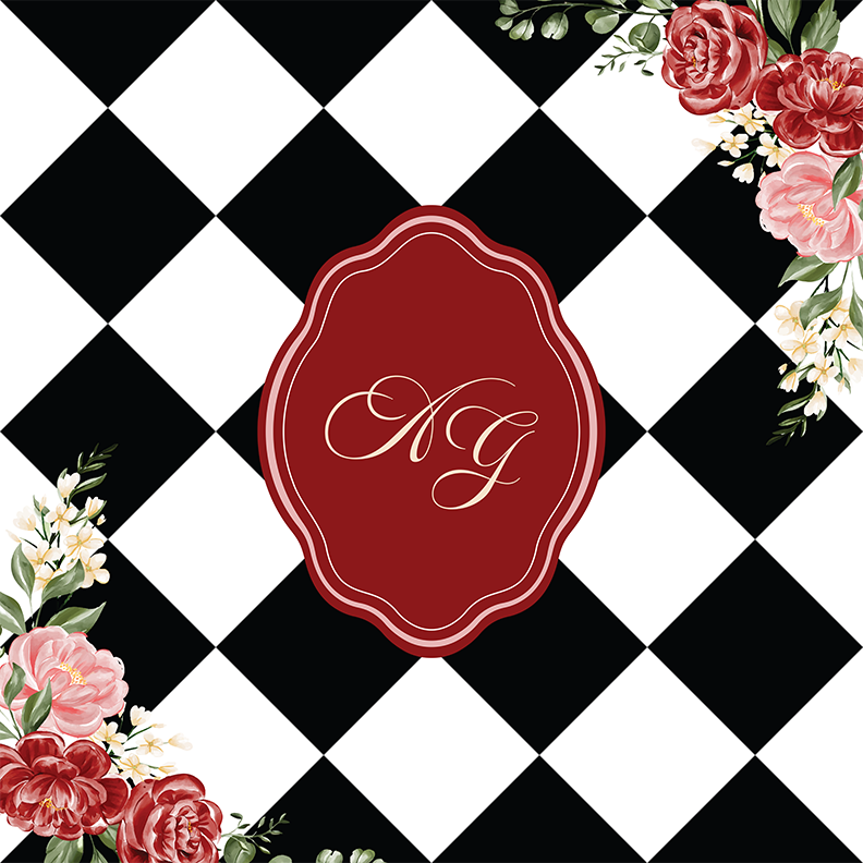 Black and White Diamond Checkerboard with Floral Corners and Monogram
