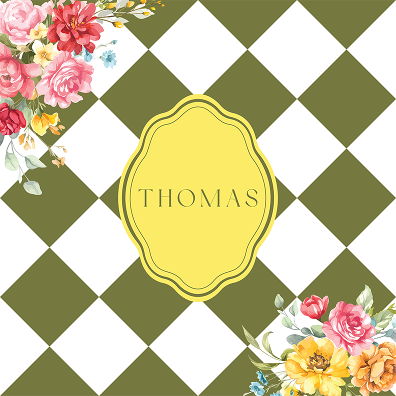 Sage and White Diamond Checkerboard with Floral Corners and Monogram