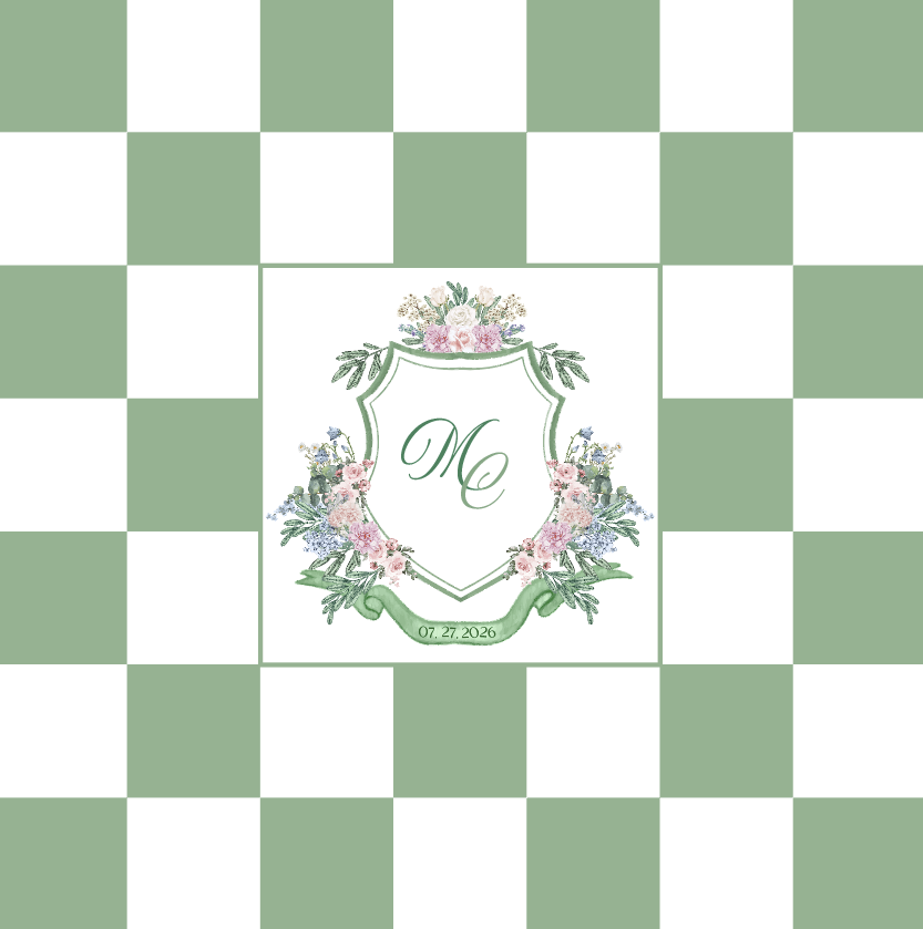 Floral Crest Monogram on Green and White Checkerboard