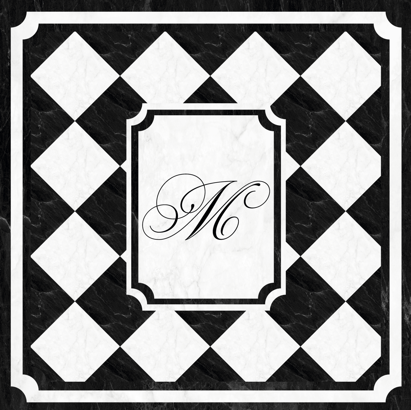 Black and White Marble Diamond Checkerboard with Monogram and Border