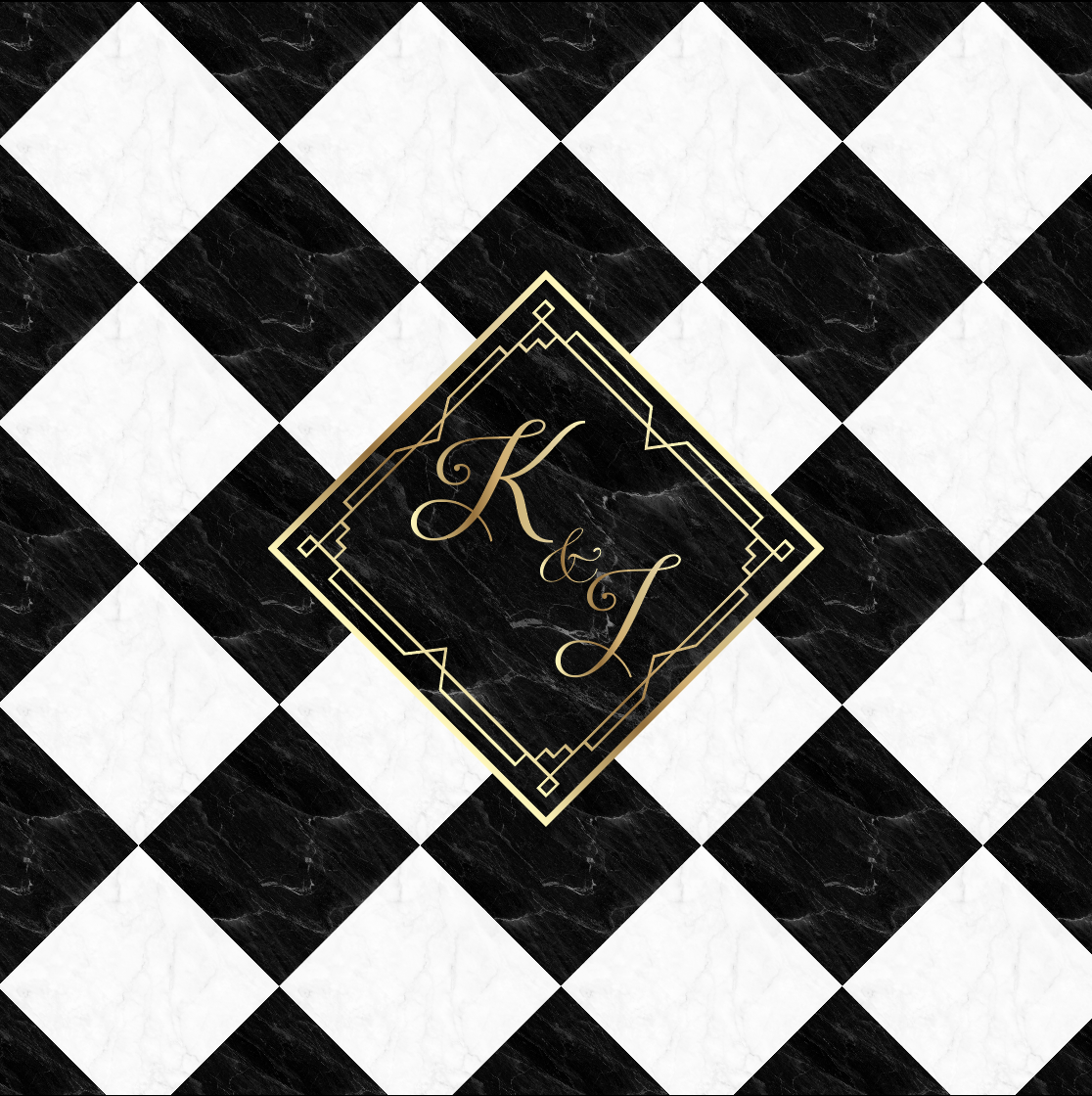 Black and White Marble Diamond Checkerboard with Monogram