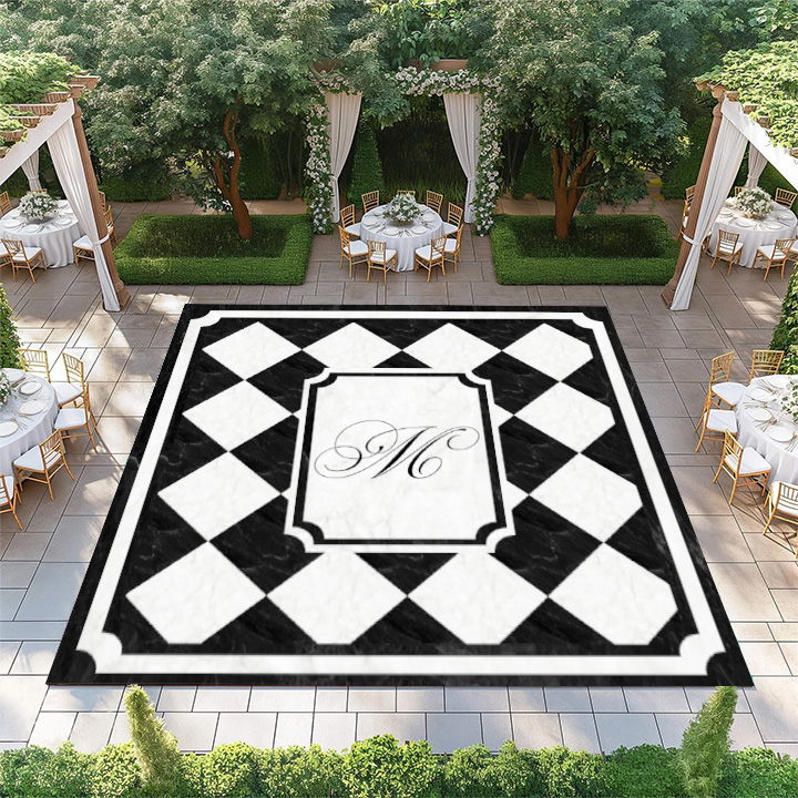 Black and White Marble Diamond Checkerboard with Monogram and Border