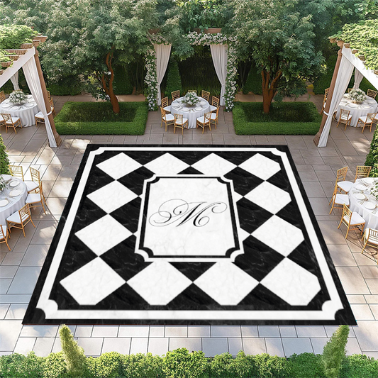Black and White Marble Diamond Checkerboard with Monogram and Border