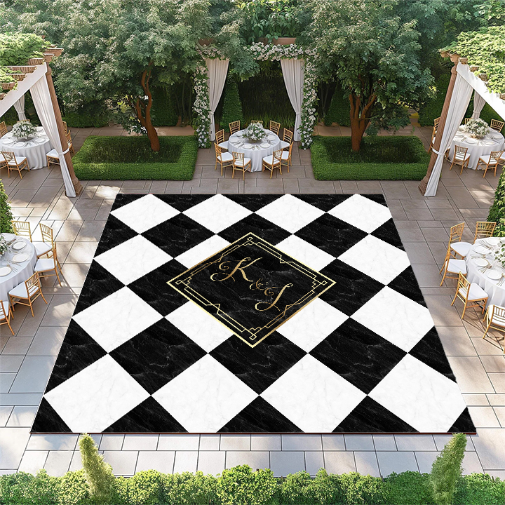 Black and White Marble Diamond Checkerboard with Monogram