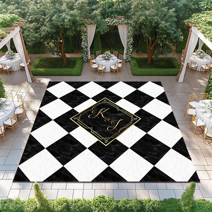 Black and White Marble Diamond Checkerboard with Monogram