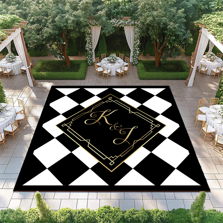 Black & White Diamond Checkerboard with Monogram and Gold Accents