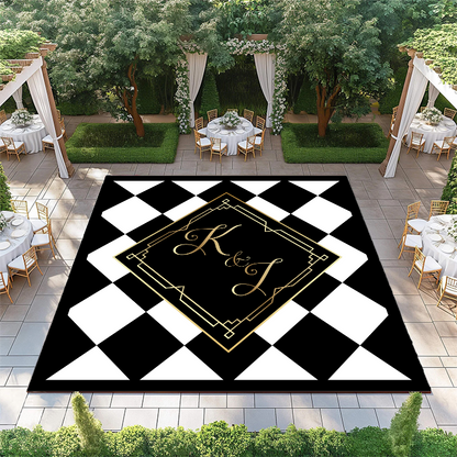 Black & White Diamond Checkerboard with Monogram and Gold Accents