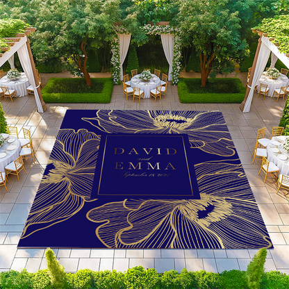 Gold Flowers with Monogram on Blue Background