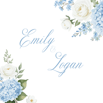 Names in Center with Hydrangea Florals in Corner