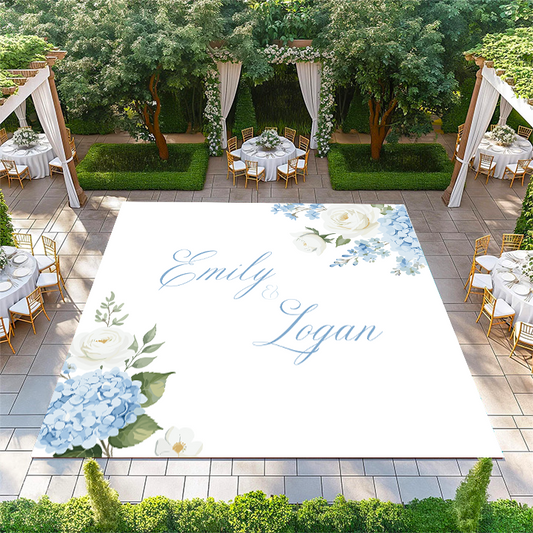 Names in Center with Hydrangea Florals in Corner