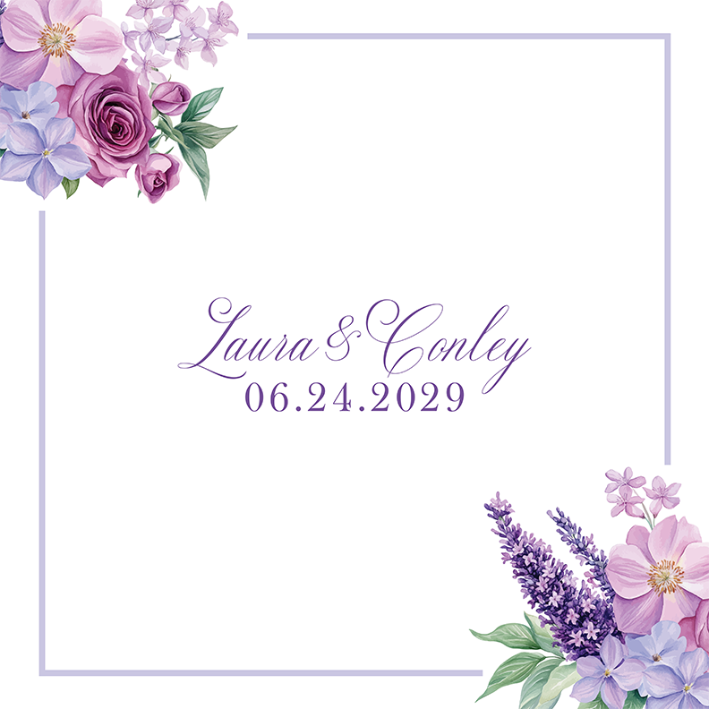 Names in Center with Purple Flowers in Corner