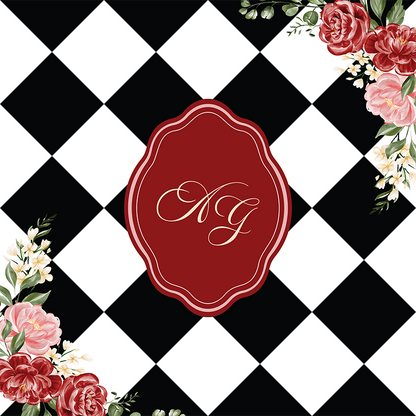 Black and White Diamond Checkerboard with Floral Corners and Monogram