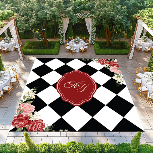 Black and White Diamond Checkerboard with Floral Corners and Monogram