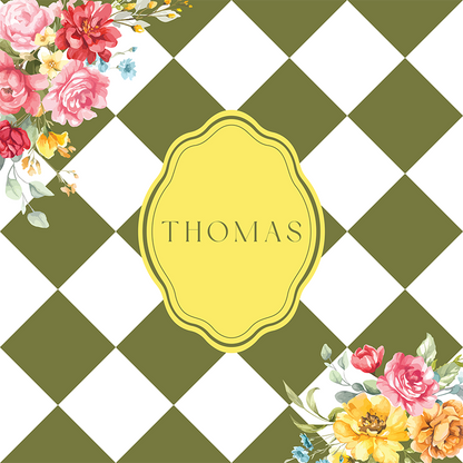 Sage and White Diamond Checkerboard with Floral Corners and Monogram