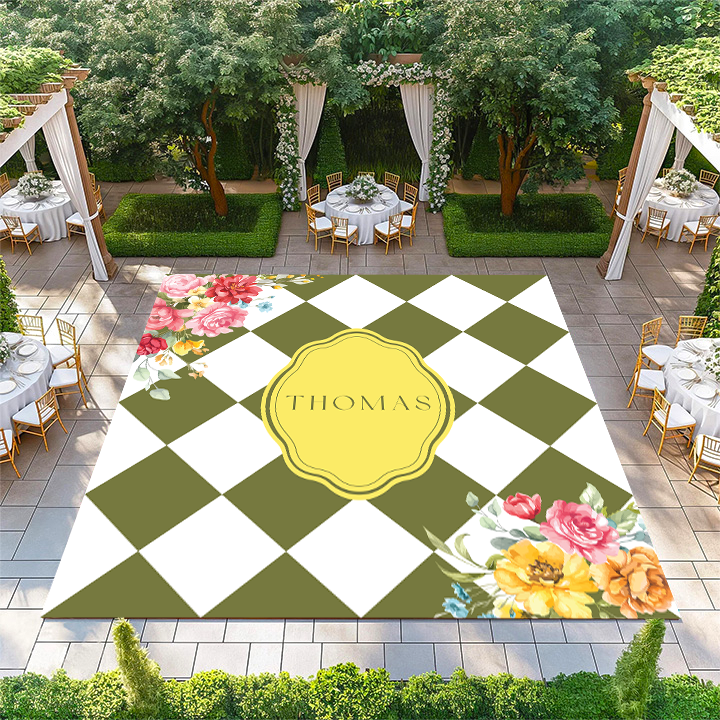 Sage and White Diamond Checkerboard with Floral Corners and Monogram
