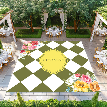Sage and White Diamond Checkerboard with Floral Corners and Monogram