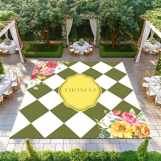 Sage and White Diamond Checkerboard with Floral Corners and Monogram