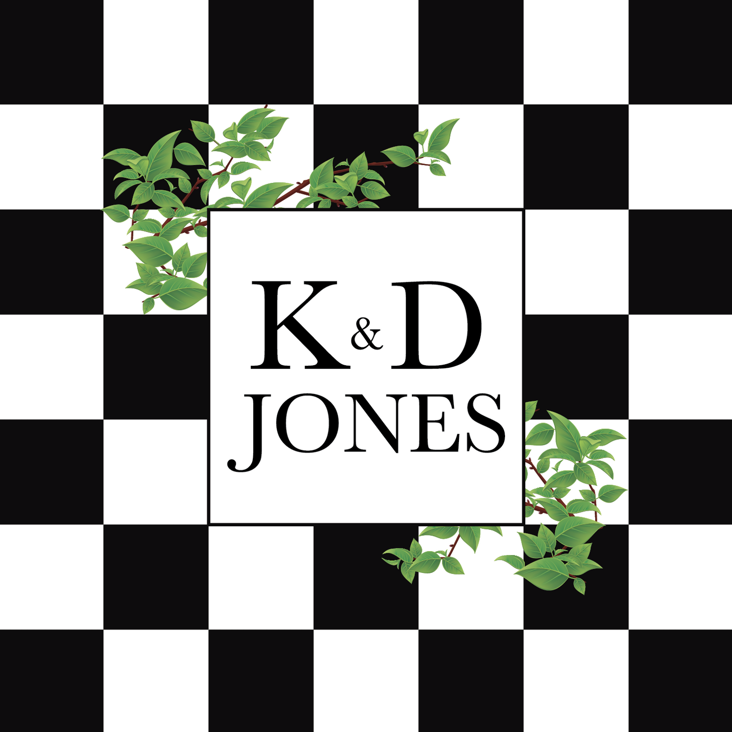 Monogram on Black and White Checkerboard with Florals
