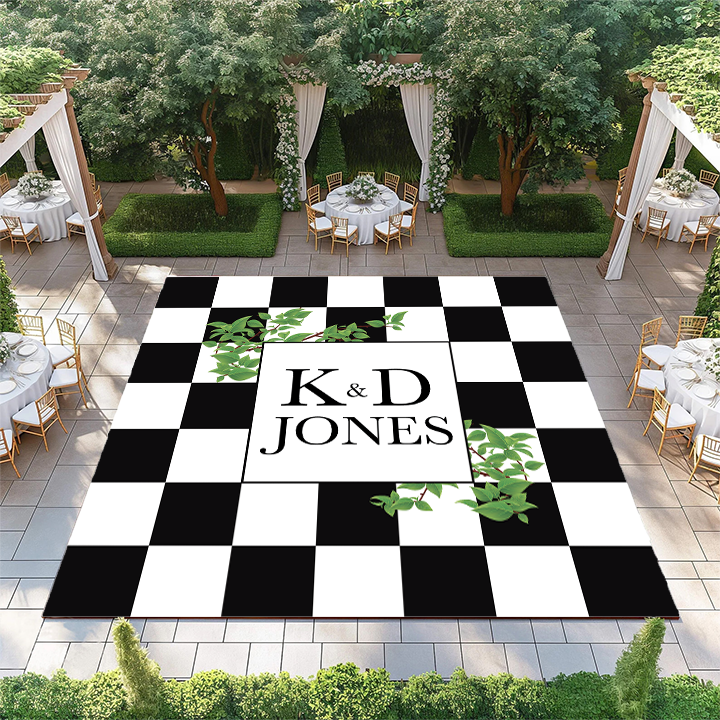 Monogram on Black and White Checkerboard with Florals