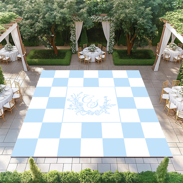 Floral Monogram on Light Blue and White Checkerboard