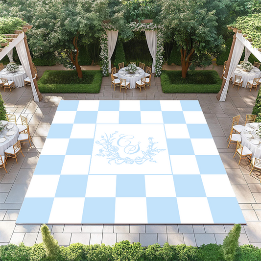 Floral Monogram on Light Blue and White Checkerboard