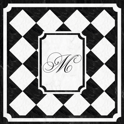 Black and White Marble Diamond Checkerboard with Monogram and Border