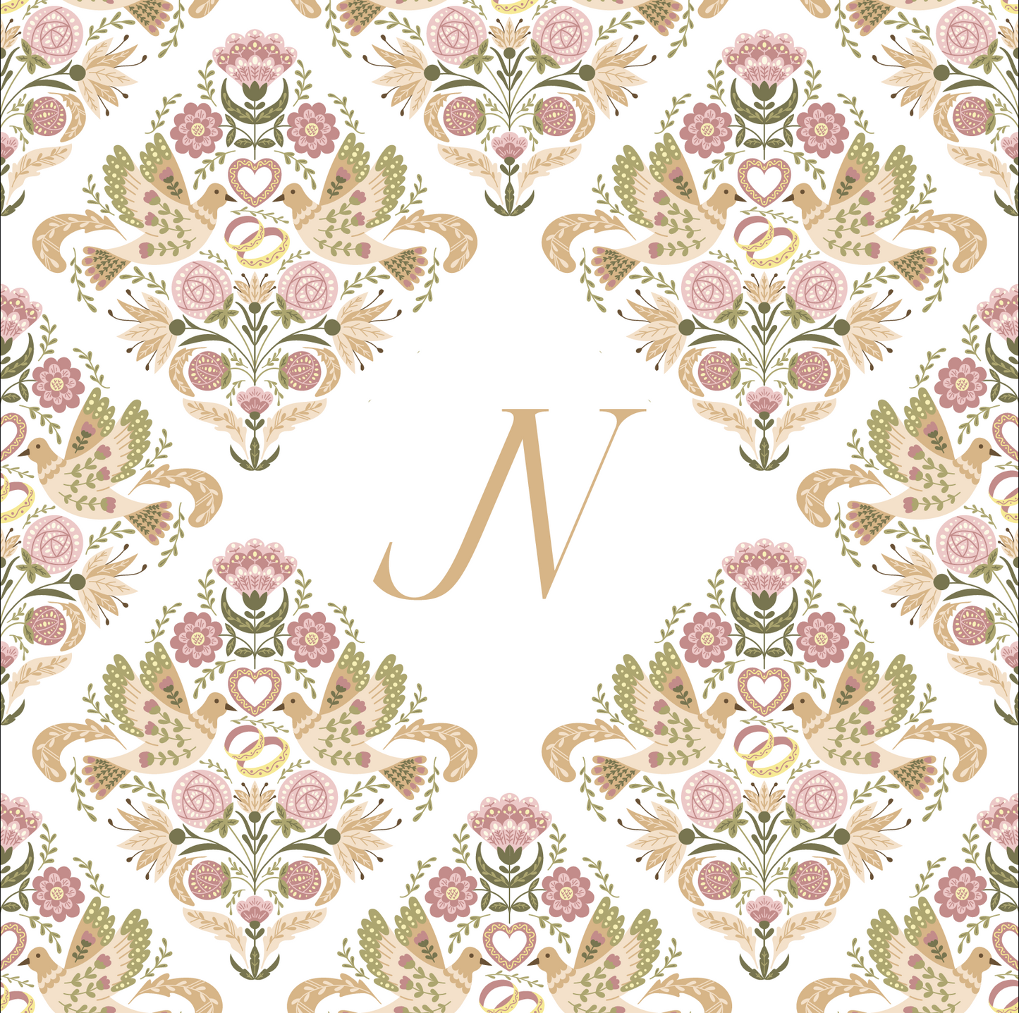 Bird and Floral Diamond Pattern with Monogram