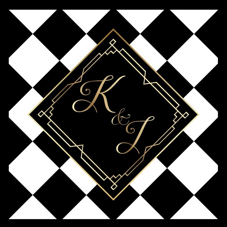 Black & White Diamond Checkerboard with Monogram and Gold Accents