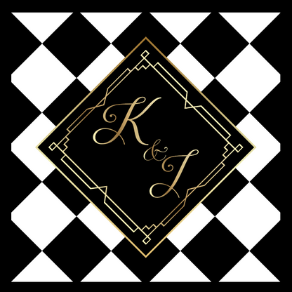 Black & White Diamond Checkerboard with Monogram and Gold Accents