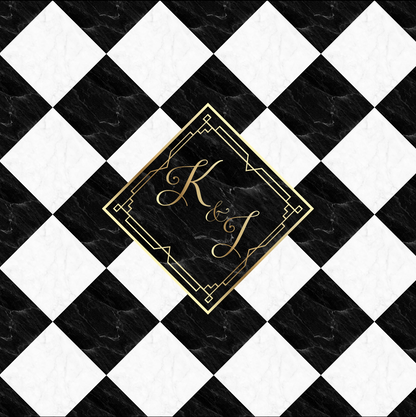 Black and White Marble Diamond Checkerboard with Monogram