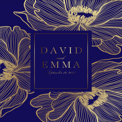 Gold Flowers with Monogram on Blue Background