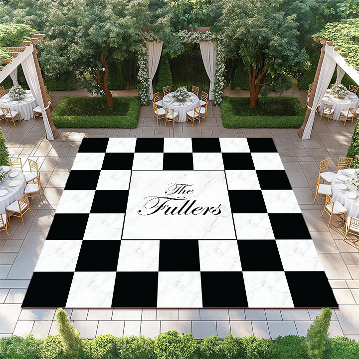 Monogram on Solid Black and White Marble Checkerboard