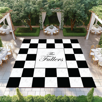Monogram on Solid Black and White Marble Checkerboard